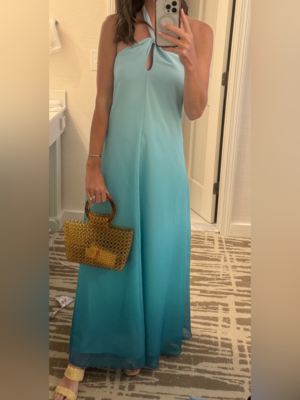 Line & Dot Ombre Halter Maxi Dress in Aqua to Teal